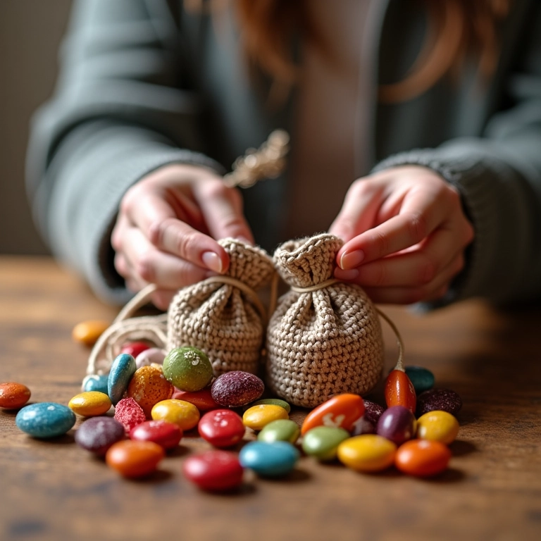 Saquinhos de crochê com doces coloridos.