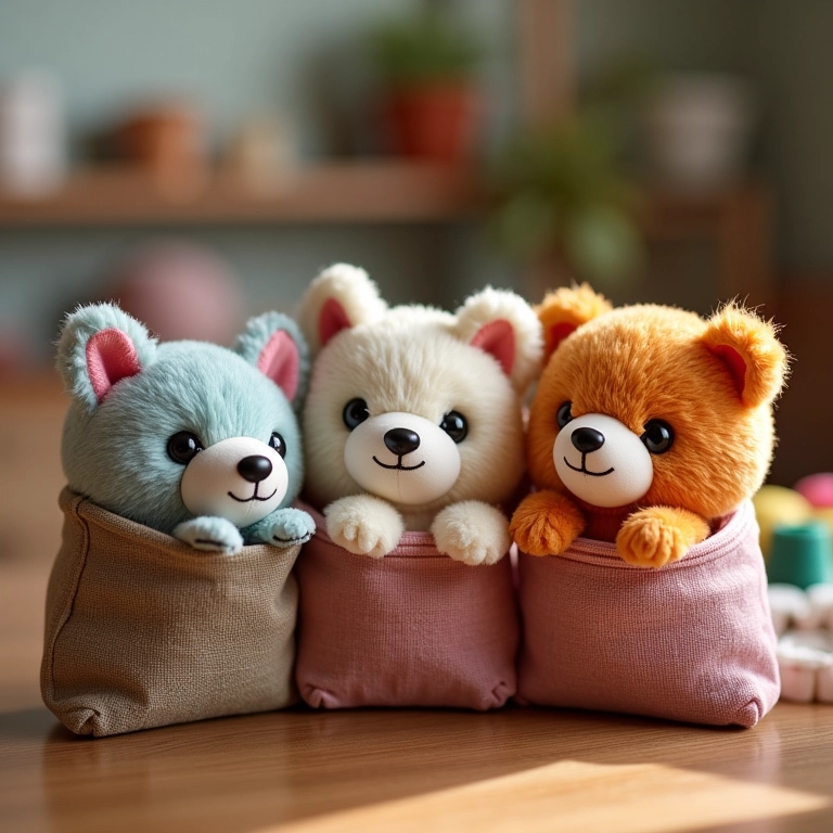 Saquinhos de tecido com bichinhos de pelúcia em amigurumi.