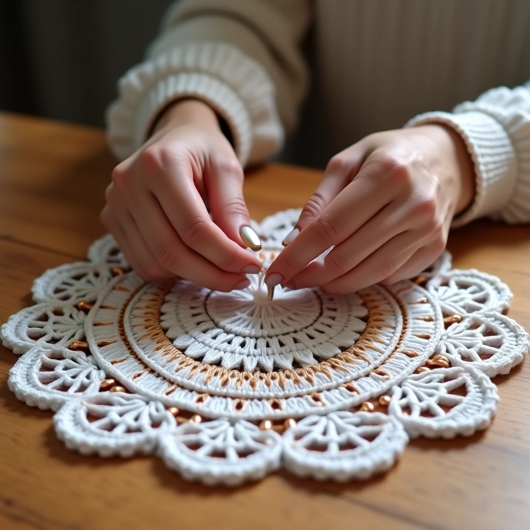 Sousplat de crochê bordado com pérolas.