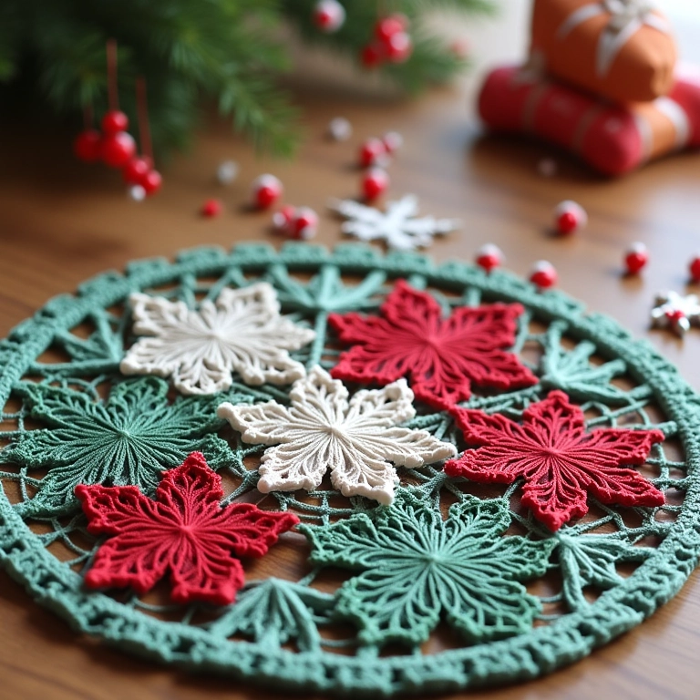 Sousplat de crochê colorido com motivos natalinos.