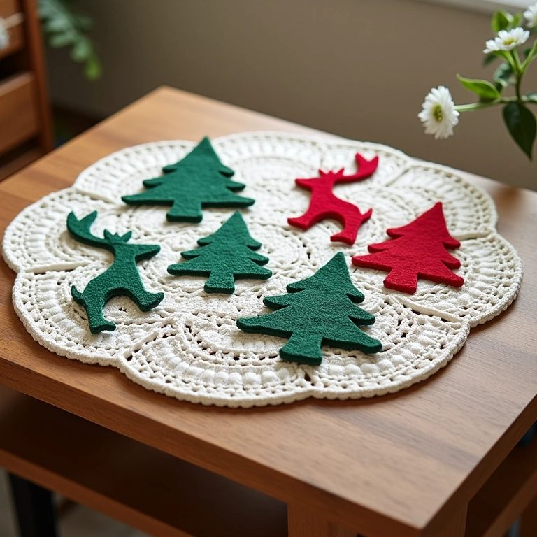 Sousplat de crochê com aplicações de feltro.