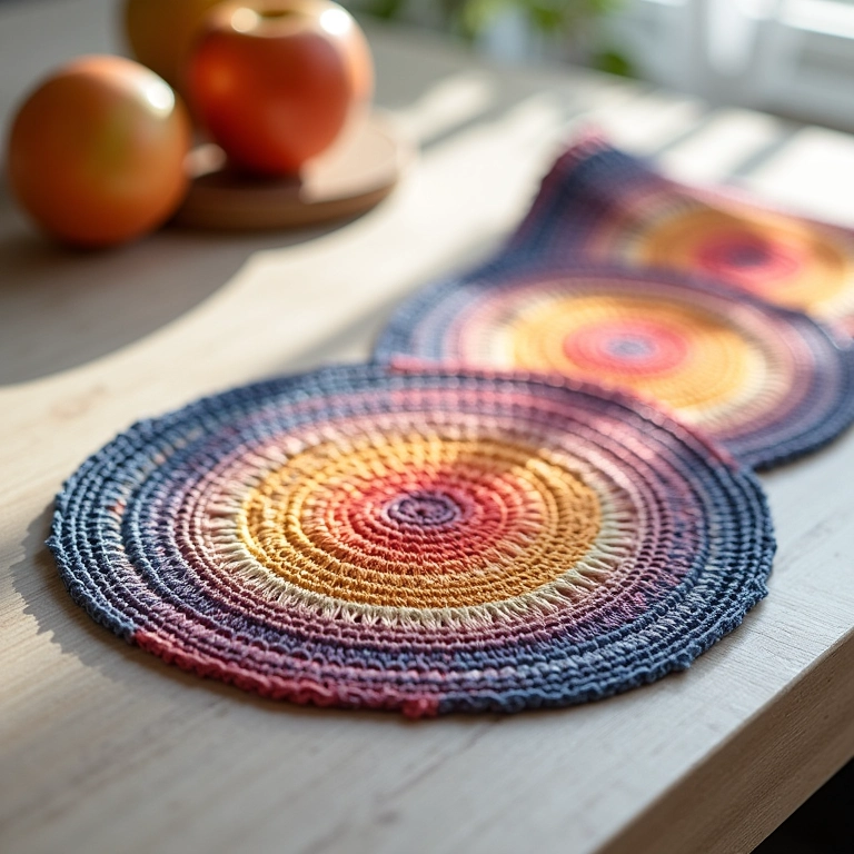 Sousplat de crochê degradê com linha mesclada.