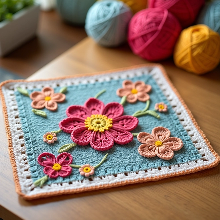Sousplat de crochê quadrado com flores de crochê.