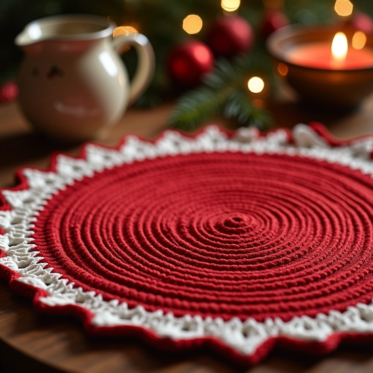 Sousplat de crochê redondo com bico de Papai Noel.