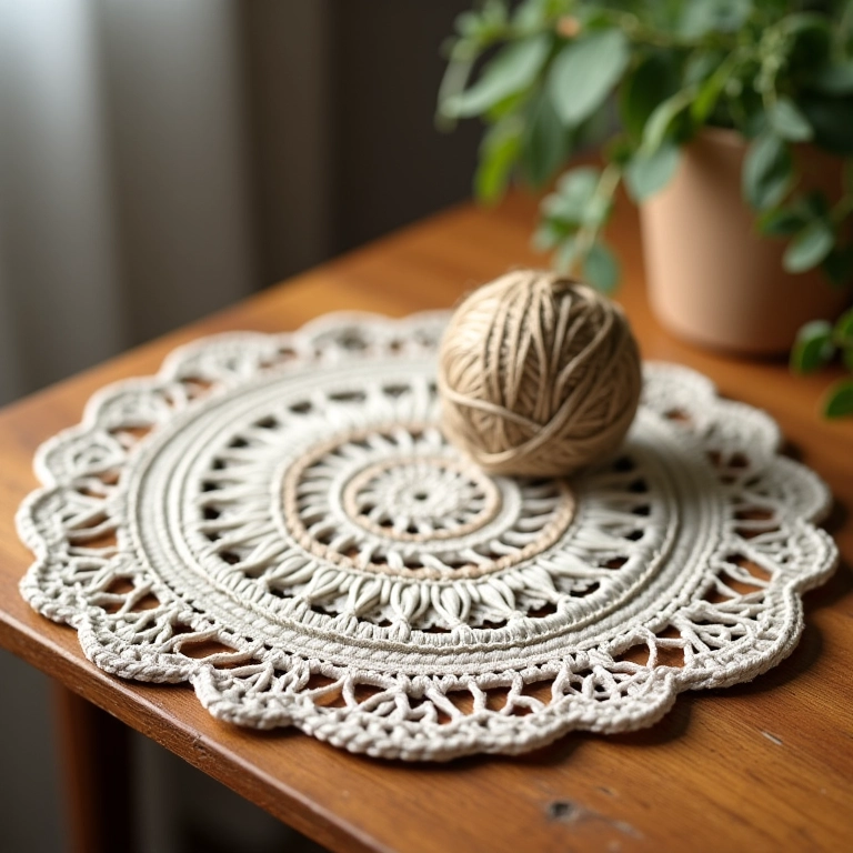 Sousplat de crochê rústico com barbante cru.
