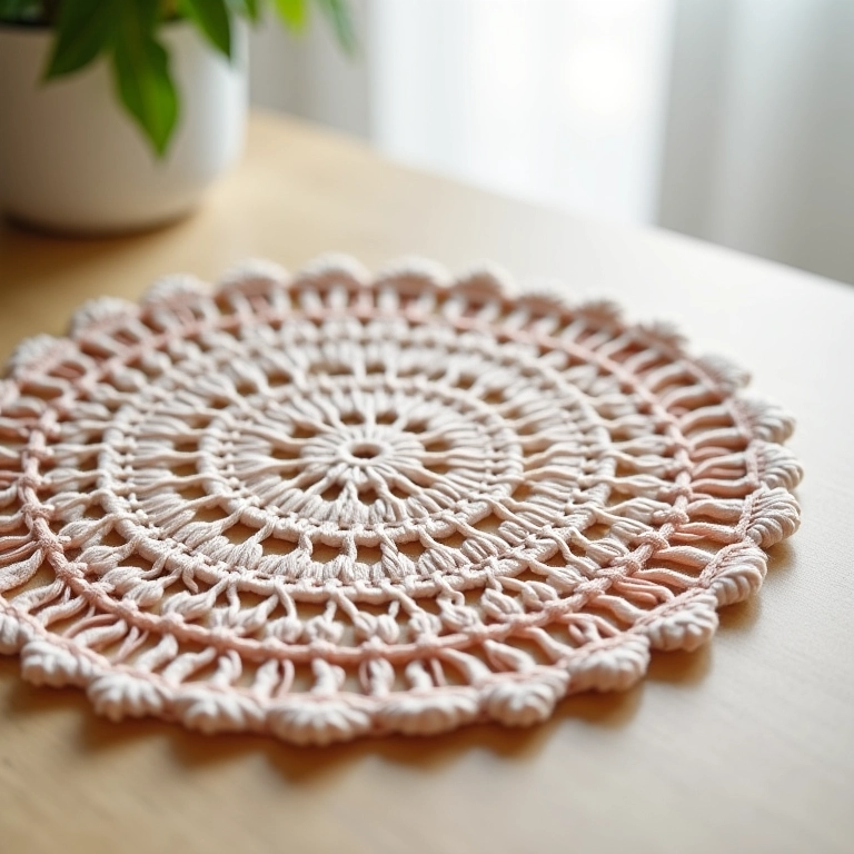 Sousplat de crochê simples com ponto alto em madeira clara.