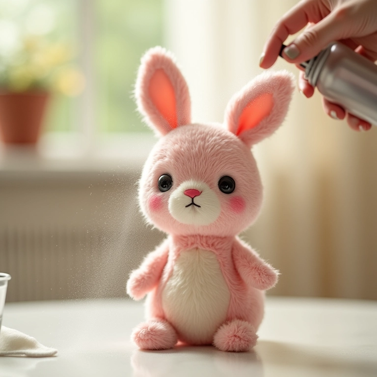 Spray fixador de cabelo sendo aplicado em coelho de amigurumi.