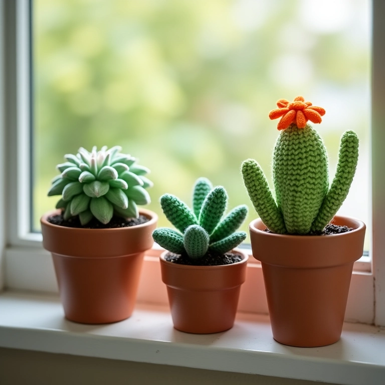 Suculentas de amigurumi em um parapeito de janela.