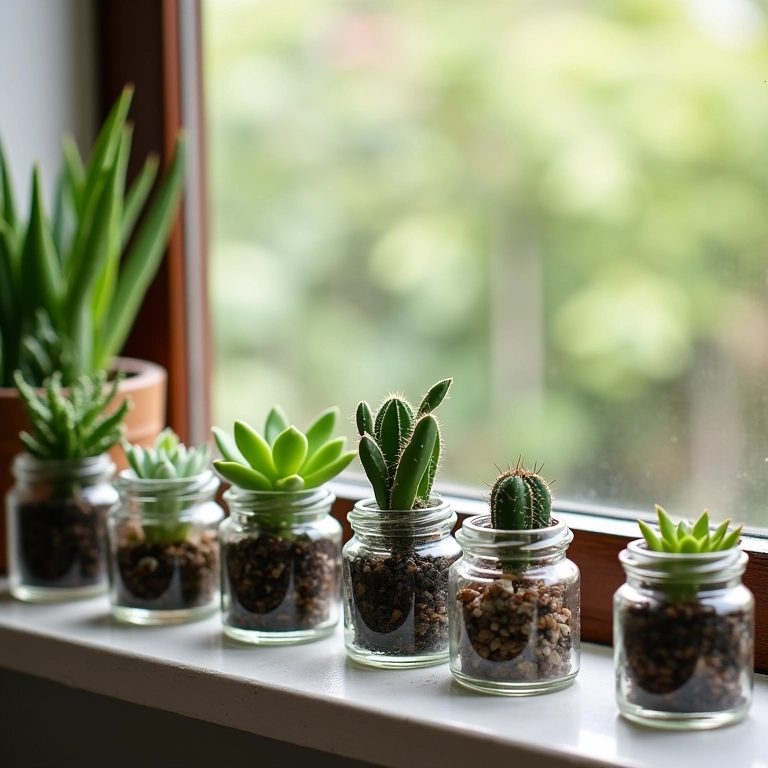 Suculentas e mini cactos em garrafinhas.