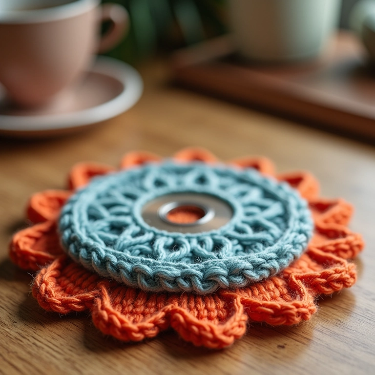 Suportes criativos de amigurumi para copos feitos com CDs de crochê.