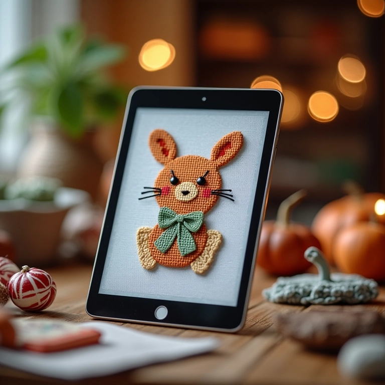 Tablet mostrando curso online de amigurumi.