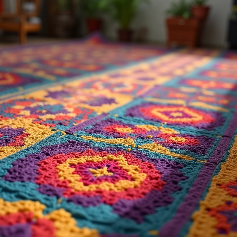 Tapete de crochê colorido, irradiando alegria e vivacidade em cada detalhe.