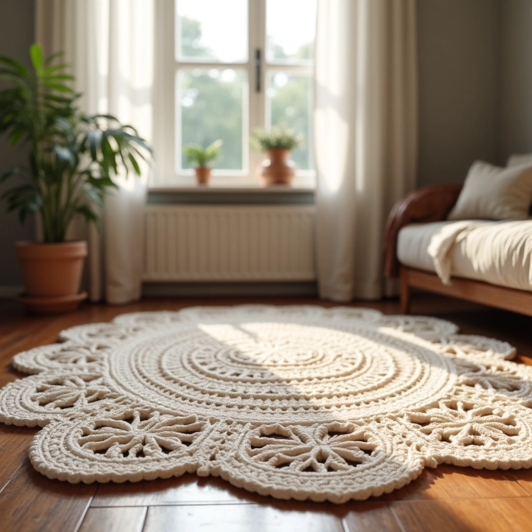 Tapete de crochê para sala de estar, priorizando conforto e elegância.