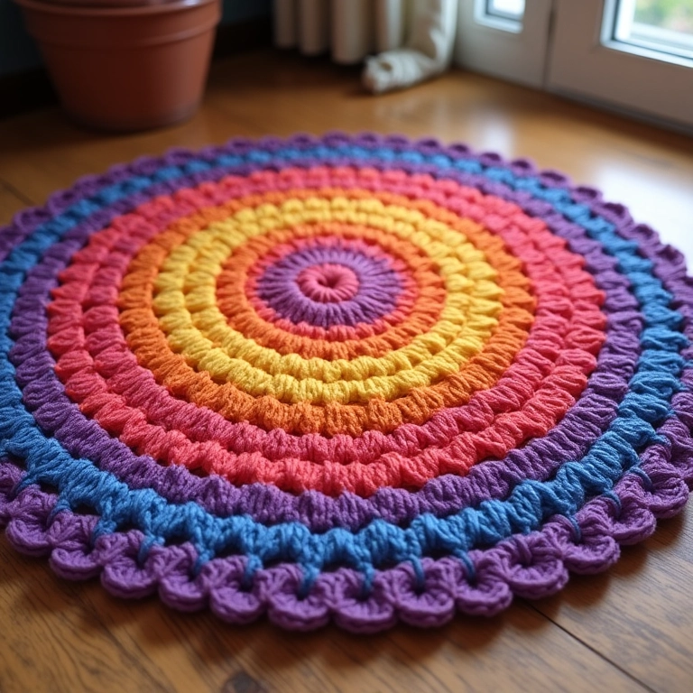 Tapete de crochê redondo com cores do arco-íris.