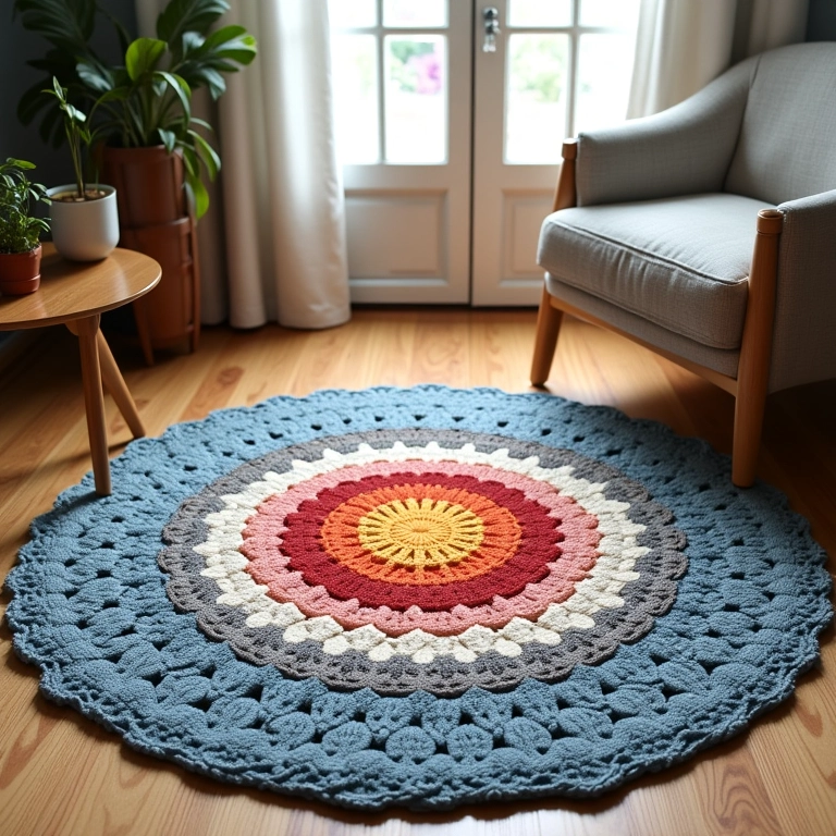 Tapete de crochê redondo com padrões geométricos em cores vibrantes.
