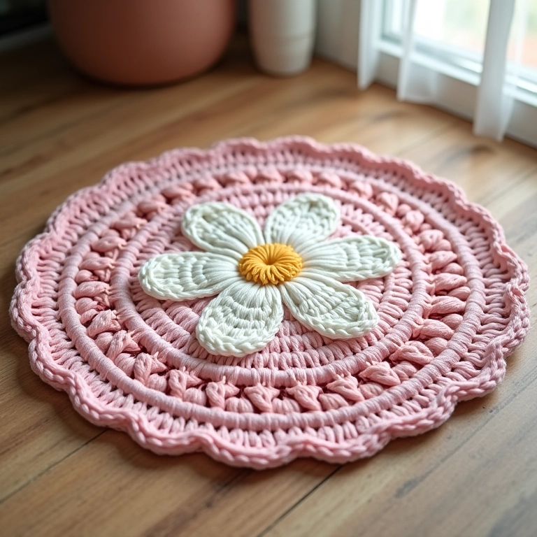Tapete de crochê redondo decorado com flores em tons pastel.