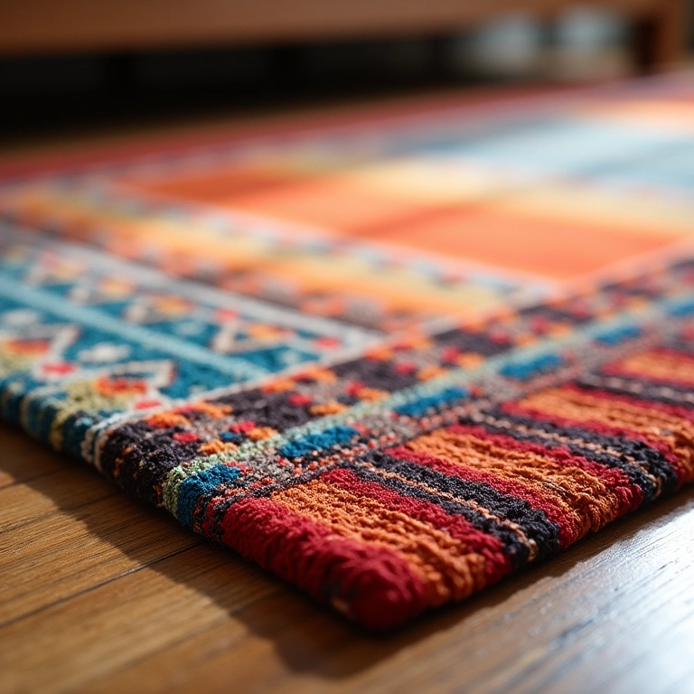 Tapete de fuxico original em chão de madeira.