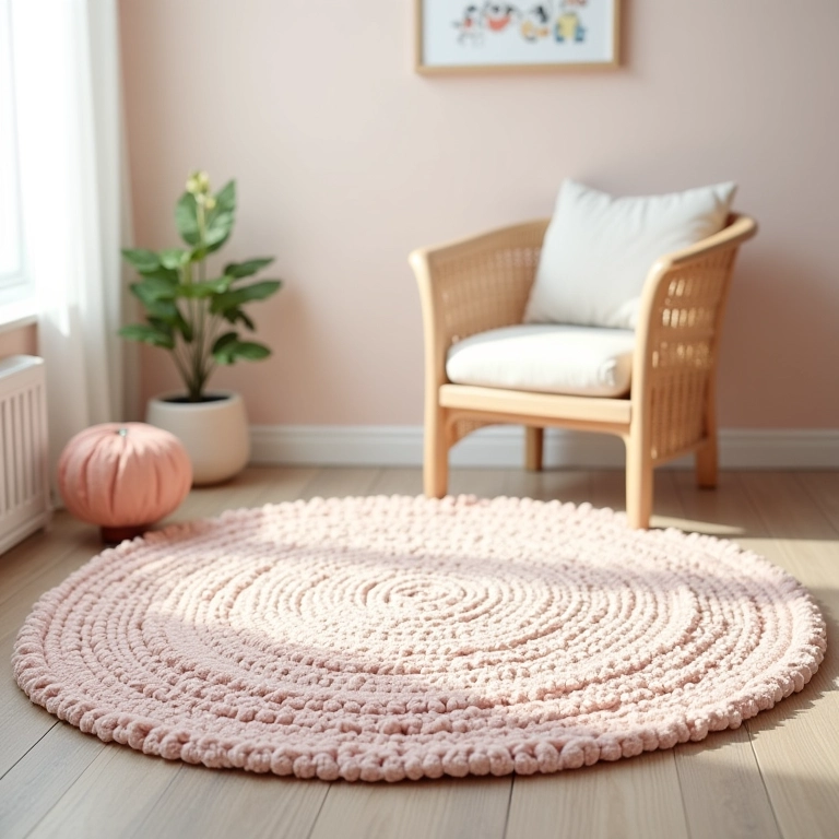 Tapete oval de crochê em quarto de bebê.