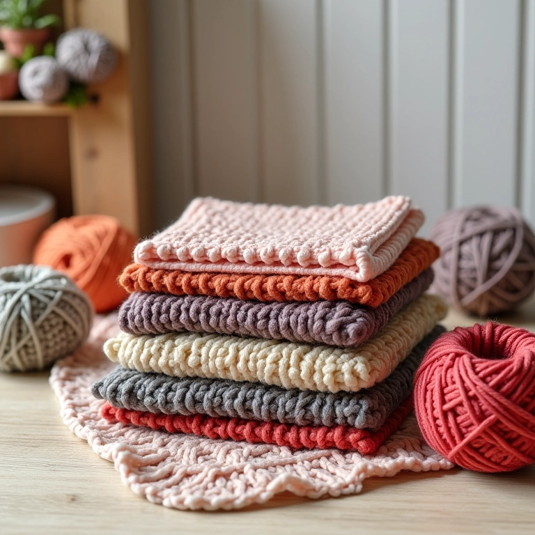 Tapetes de crochê coloridos empilhados, prontos para decorar sua casa.