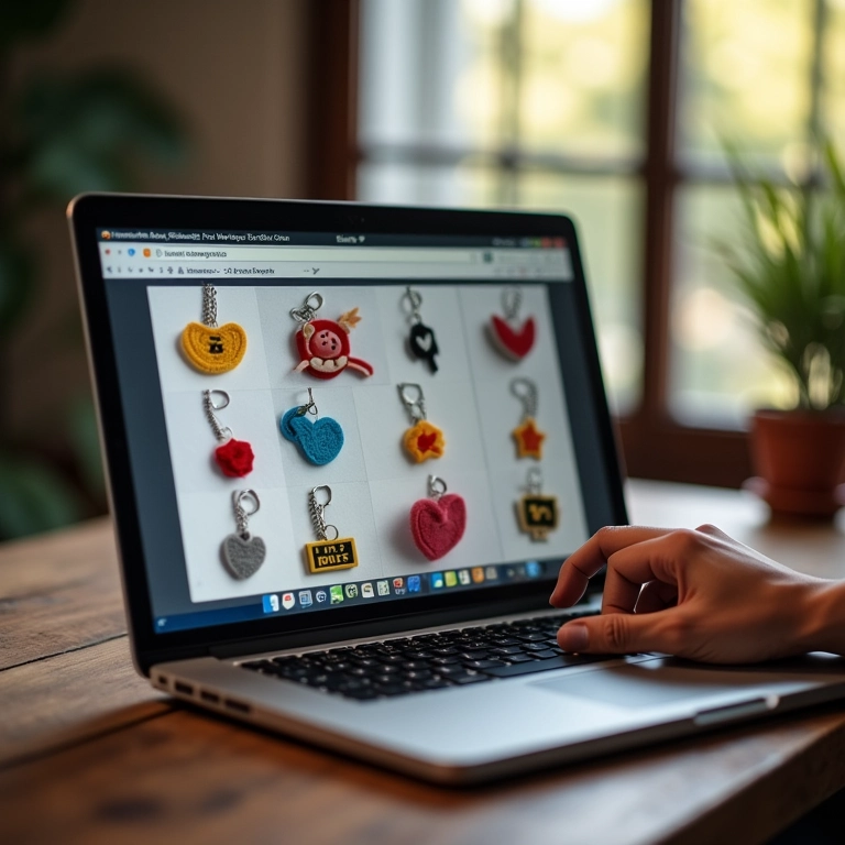 Tela de laptop mostrando moldes de chaveiros de feltro gratuitos com mãos selecionando um padrão.