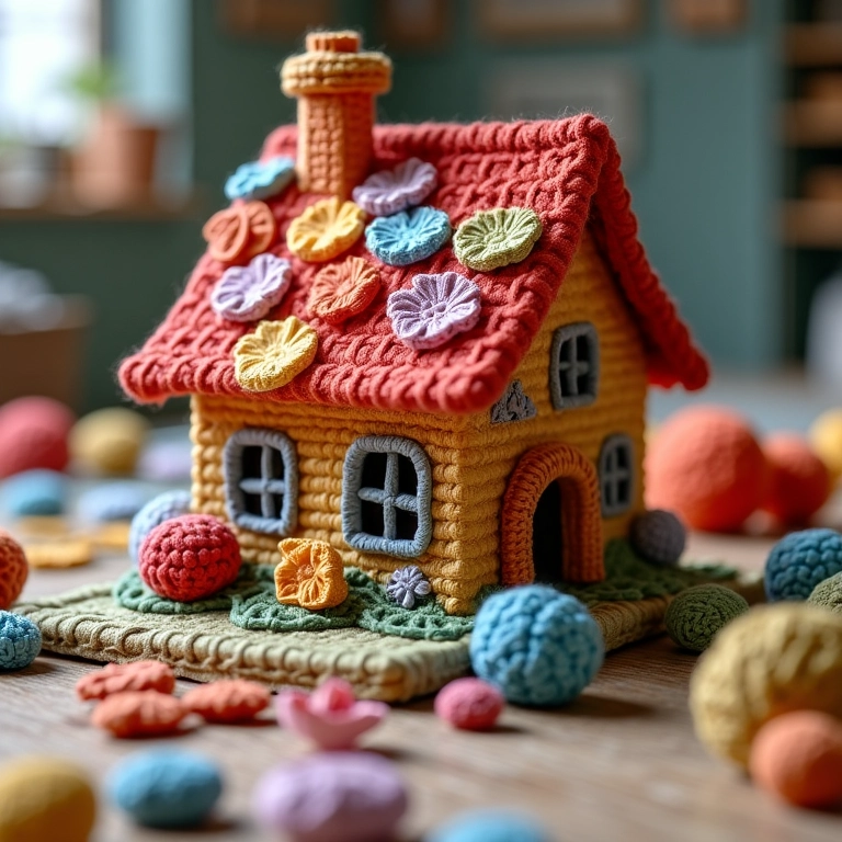Telhado criativo de amigurumi com telhas de crochê.