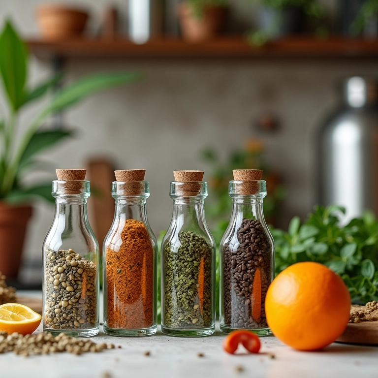 Temperos e sais aromatizados em mini garrafas.