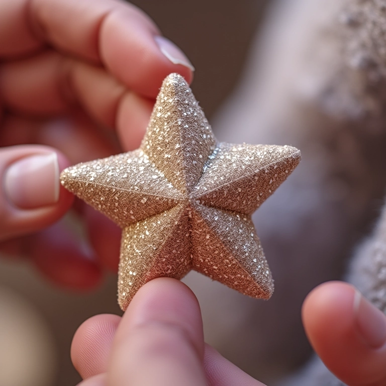Termolina leitosa sendo aplicada em estrela de amigurumi com glitter.