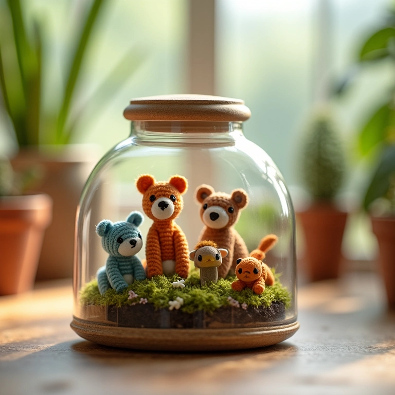 Terrário em miniatura com animais de crochê, em um ambiente iluminado e delicado.