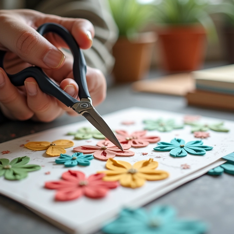 Tesoura afiada cortando tiras de papel para quilling.