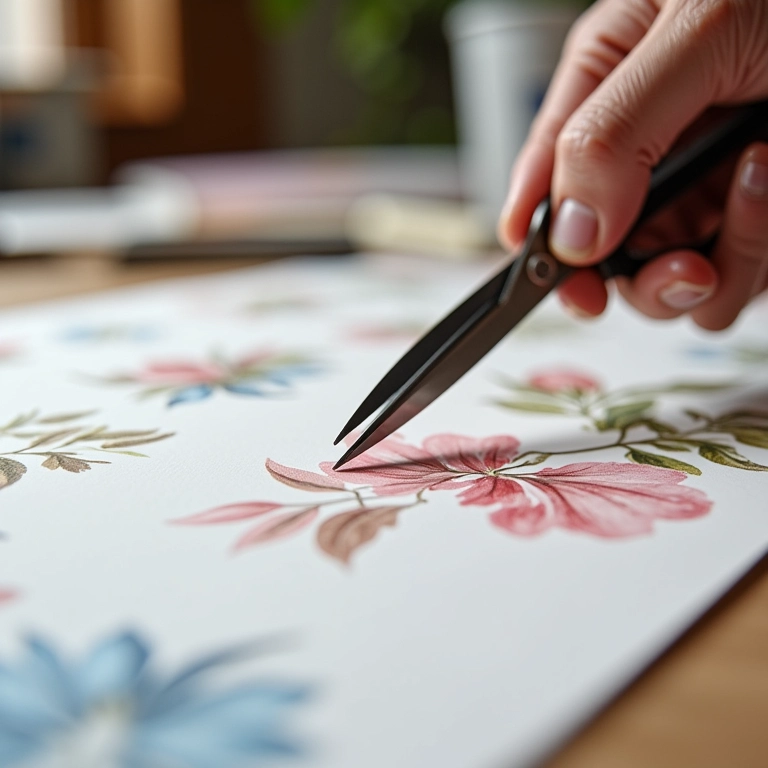 Tesoura de precisão cortando papel de decoupage.