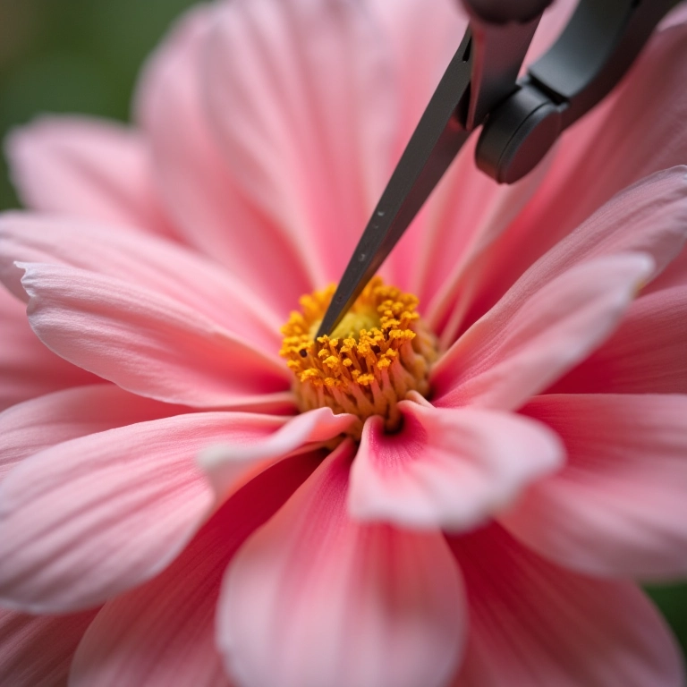 Tesoura de precisão Mundial cortando pétalas de flor de papel.