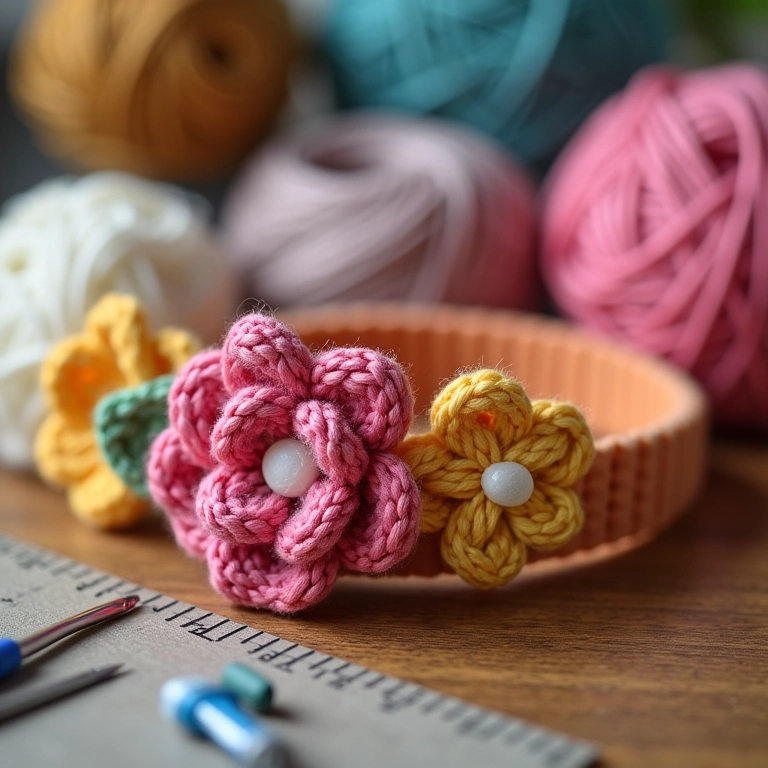 Tiara artesanal com delicadas flores de crochê amigurumi.
