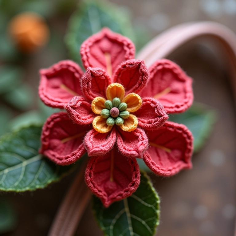 Tiara com flor de crochê e bordado.