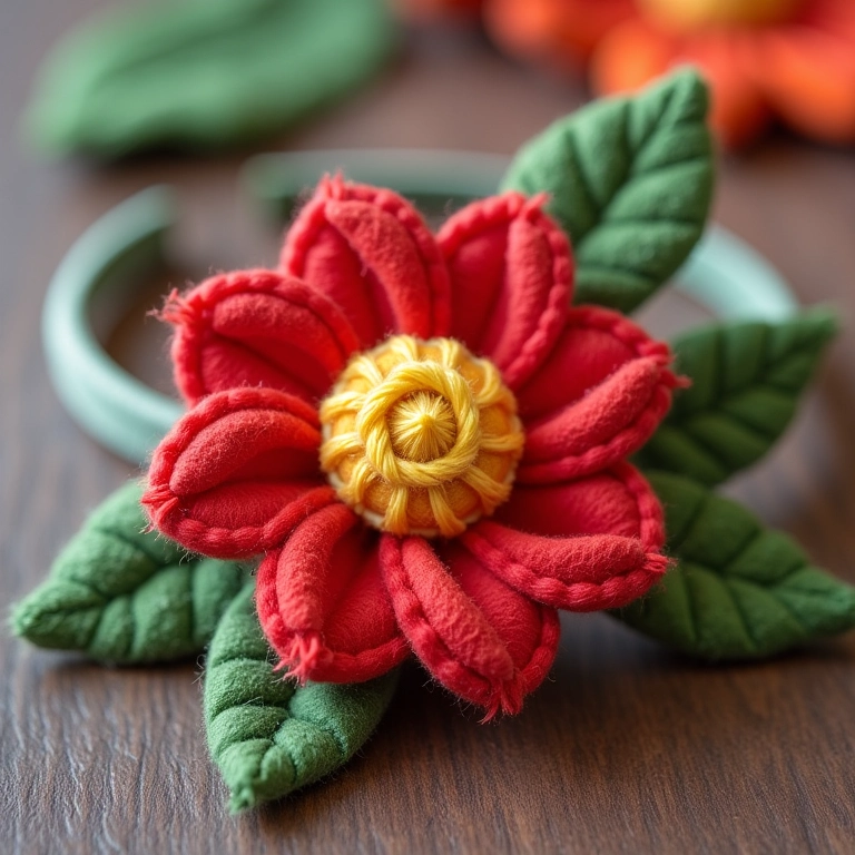 Tiara com flor de crochê e folhas.