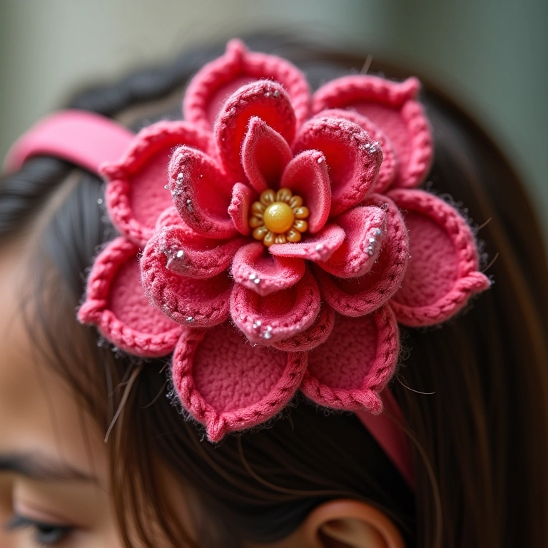 Tiara com flor de crochê e glitter.