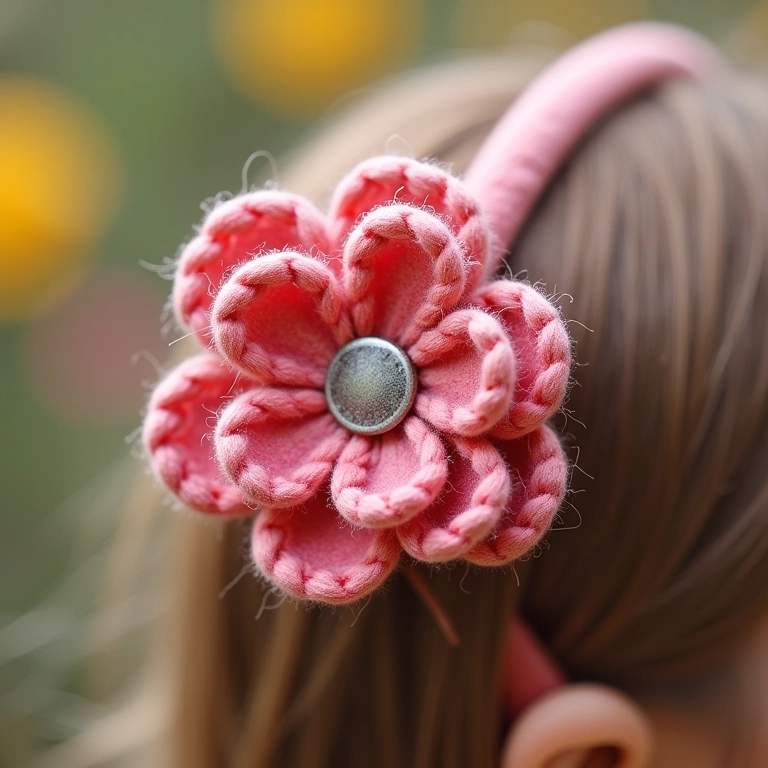 Tiara com flor de crochê e miolo de botão.