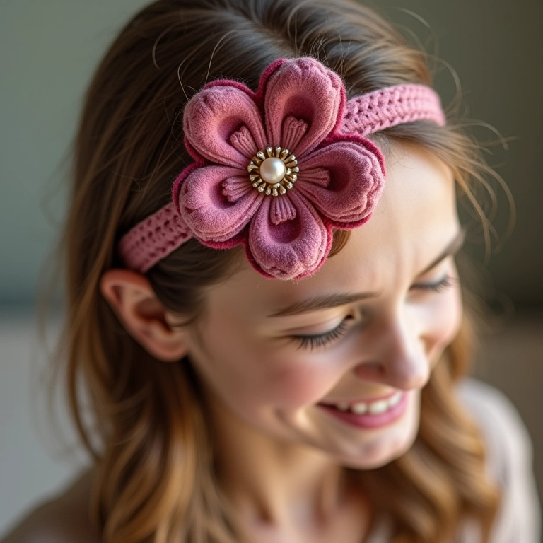 Tiara com flor de crochê e miolo de pérola.