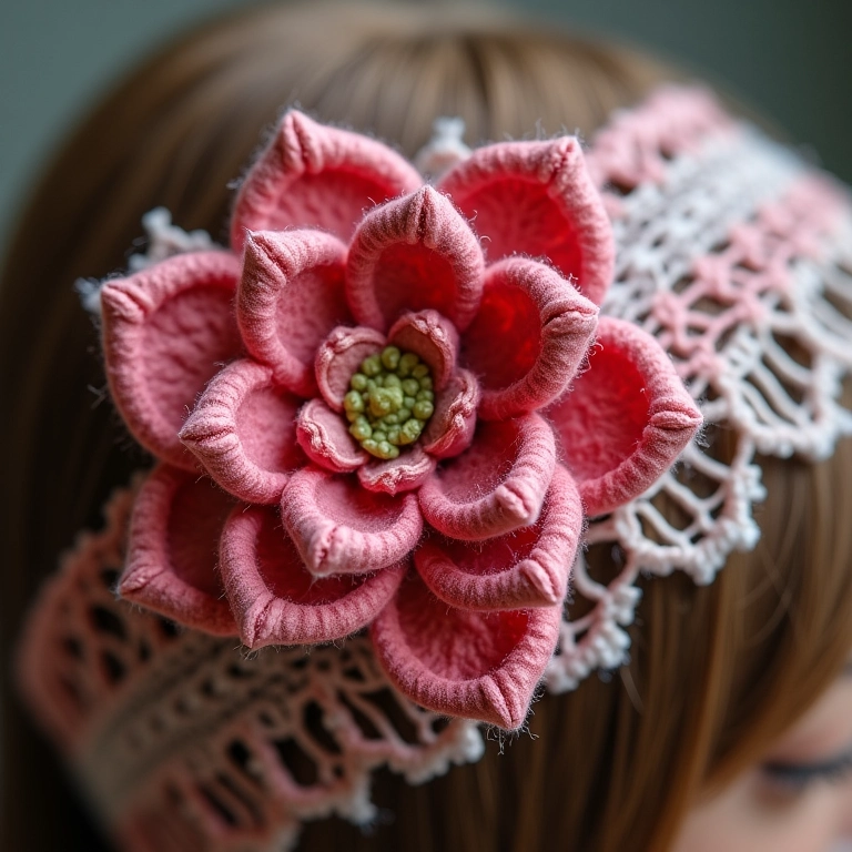 Tiara com flor de crochê e renda.