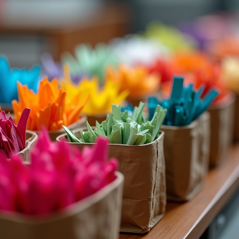 Tiras de papel coloridas organizadas, prontas para uso em projetos de quilling.