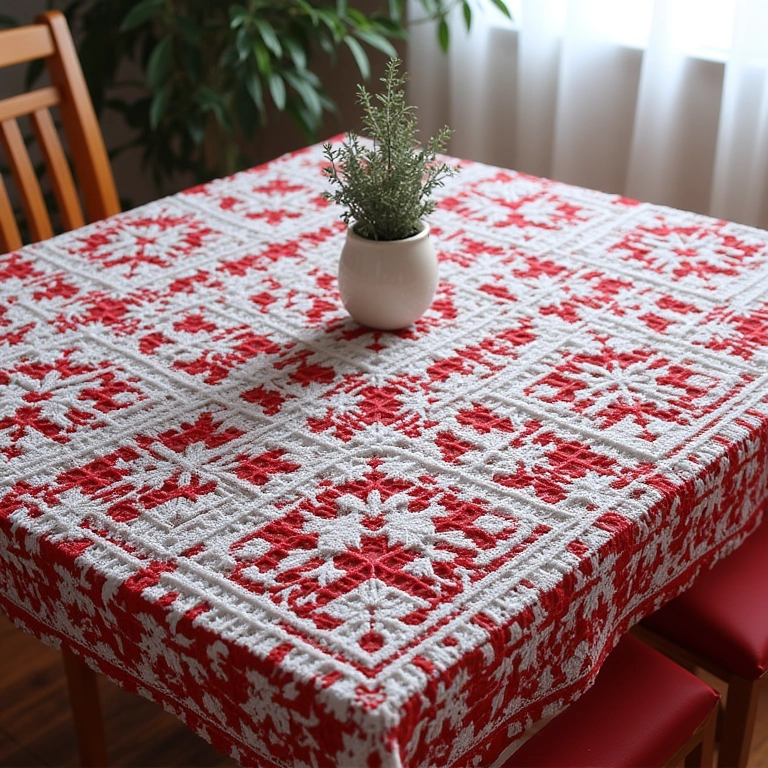 Toalha de mesa de crochê temática de Natal.