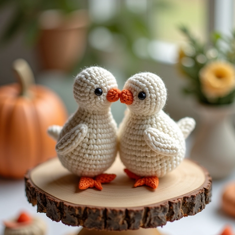 Topo de bolo rústico de casamento em amigurumi com passarinhos.