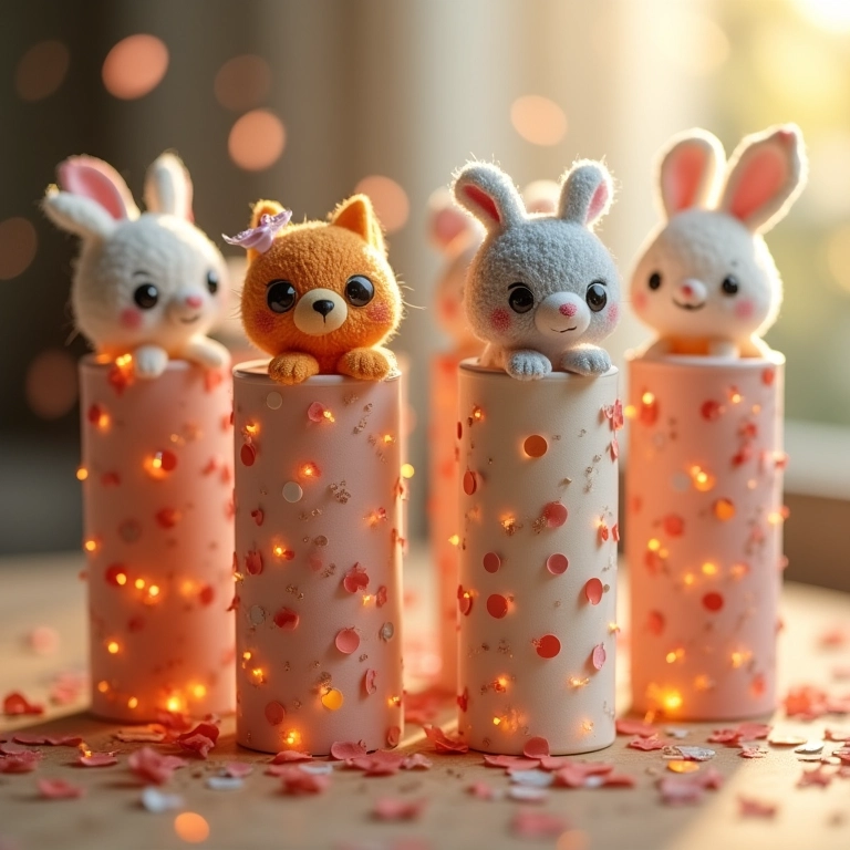 Tubetes decorados com confetes e miniaturas de animais em amigurumi.