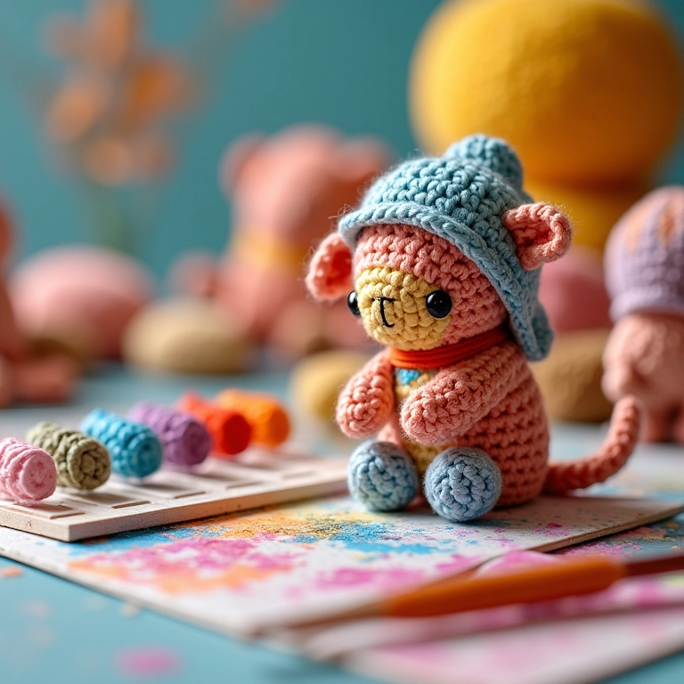 Tubos de tinta acrílica em amigurumi e pincel pintando um MDF também em crochê.
