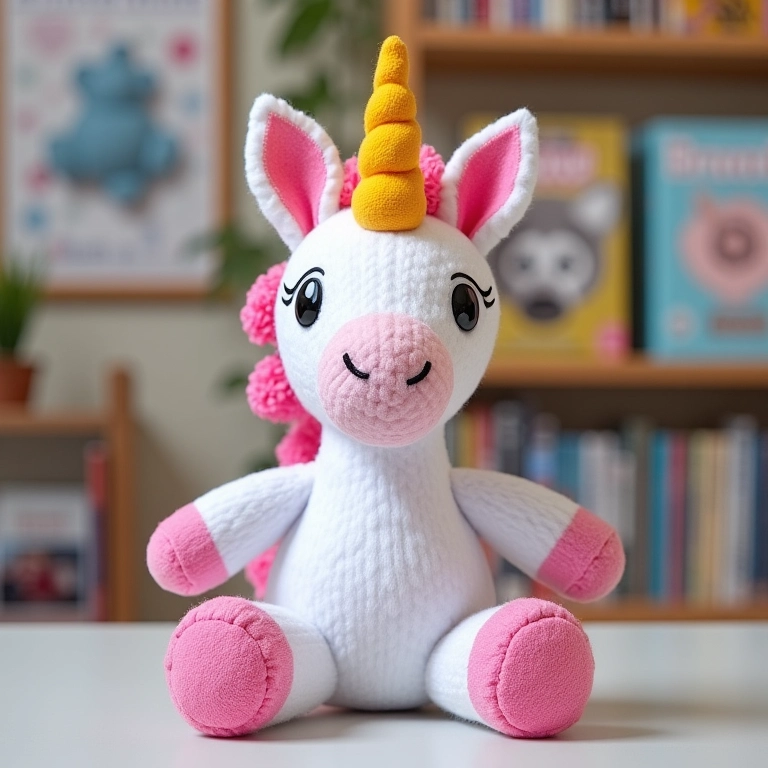 Unicórnio de amigurumi com revistas internacionais.