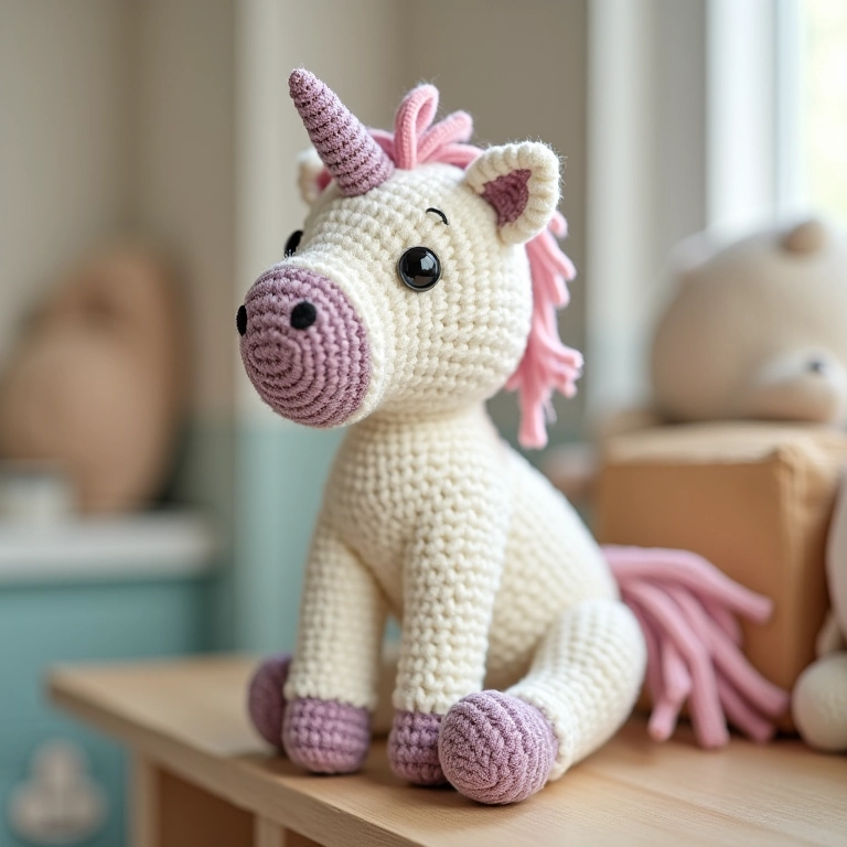 Unicórnio de amigurumi decorando um quarto infantil.