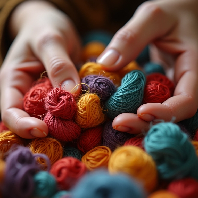 Unindo fuxicos com agulha e linha.