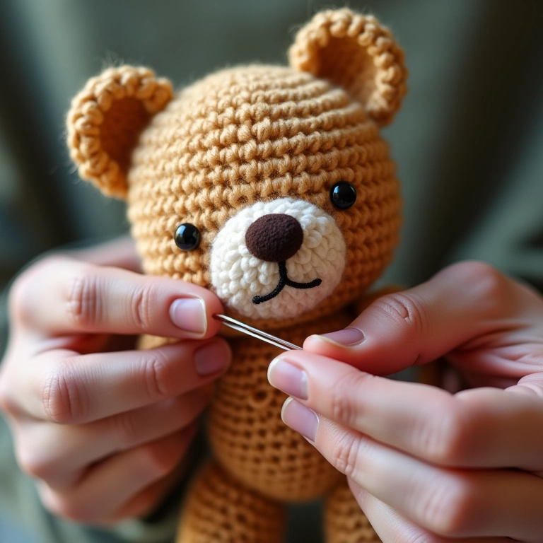 Urso amigurumi com detalhes bordados.