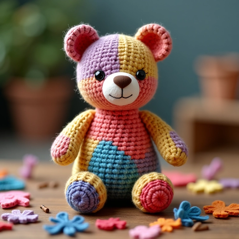 Urso amigurumi em patchwork de crochê.