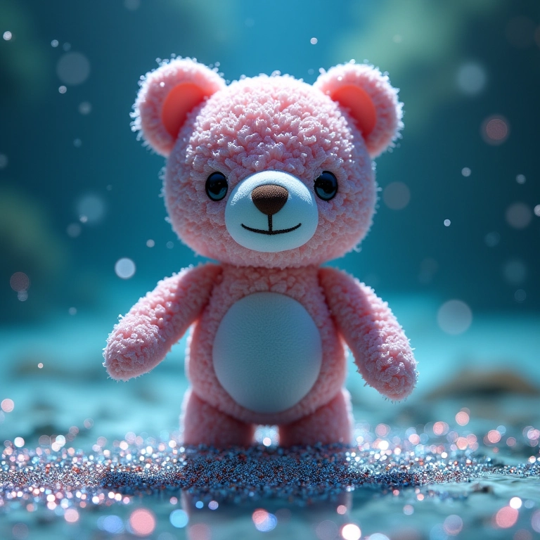 Urso de amigurumi com glitter 'na máquina de lavar'.