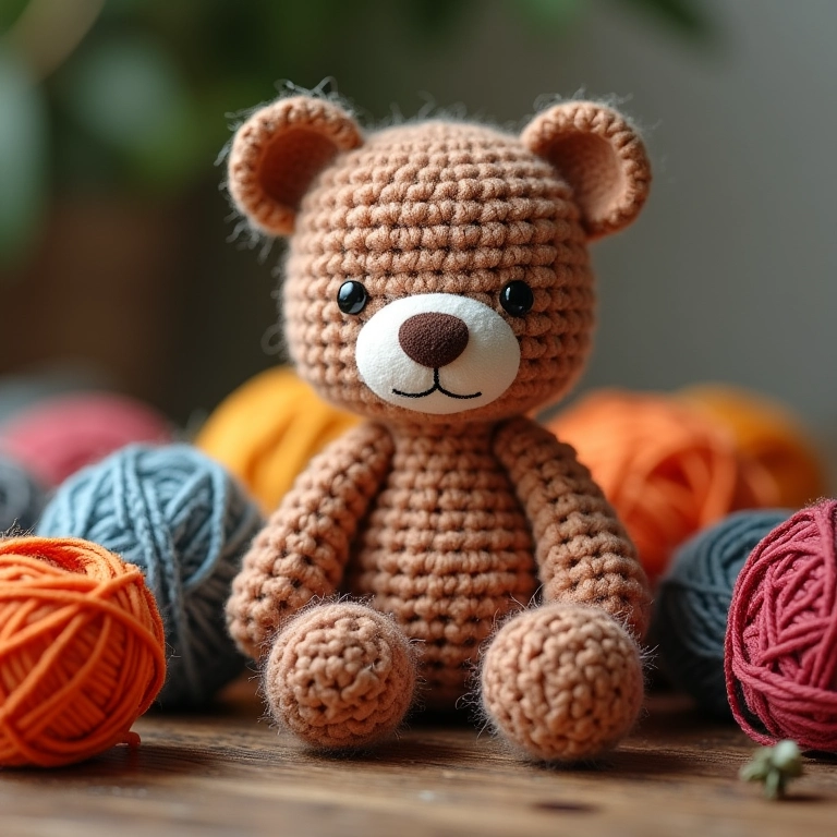 Urso de crochê com ponto relevo, em cenário aconchegante com novelos de lã.